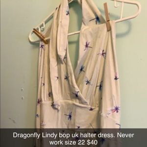 Lindy bop halter dress with dragonfly print